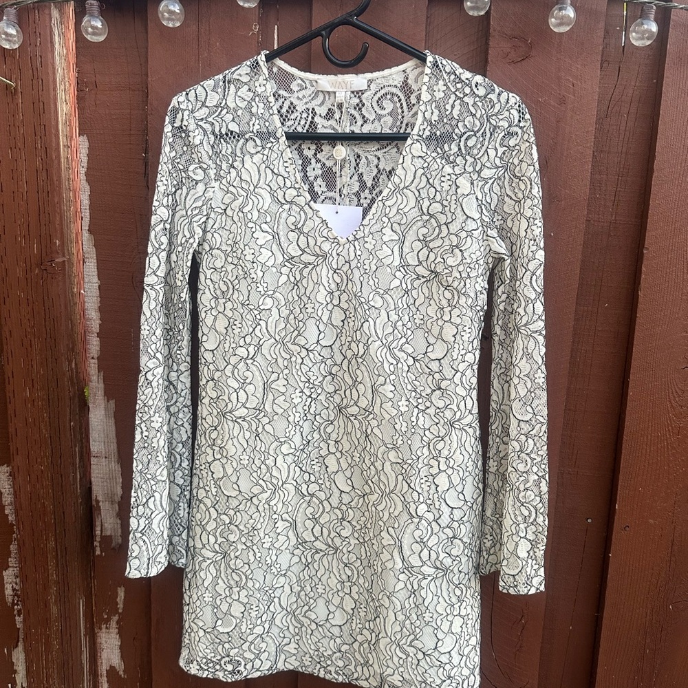 Wayf Cream and Black Lace Long-Sleeve V-Neck Dress